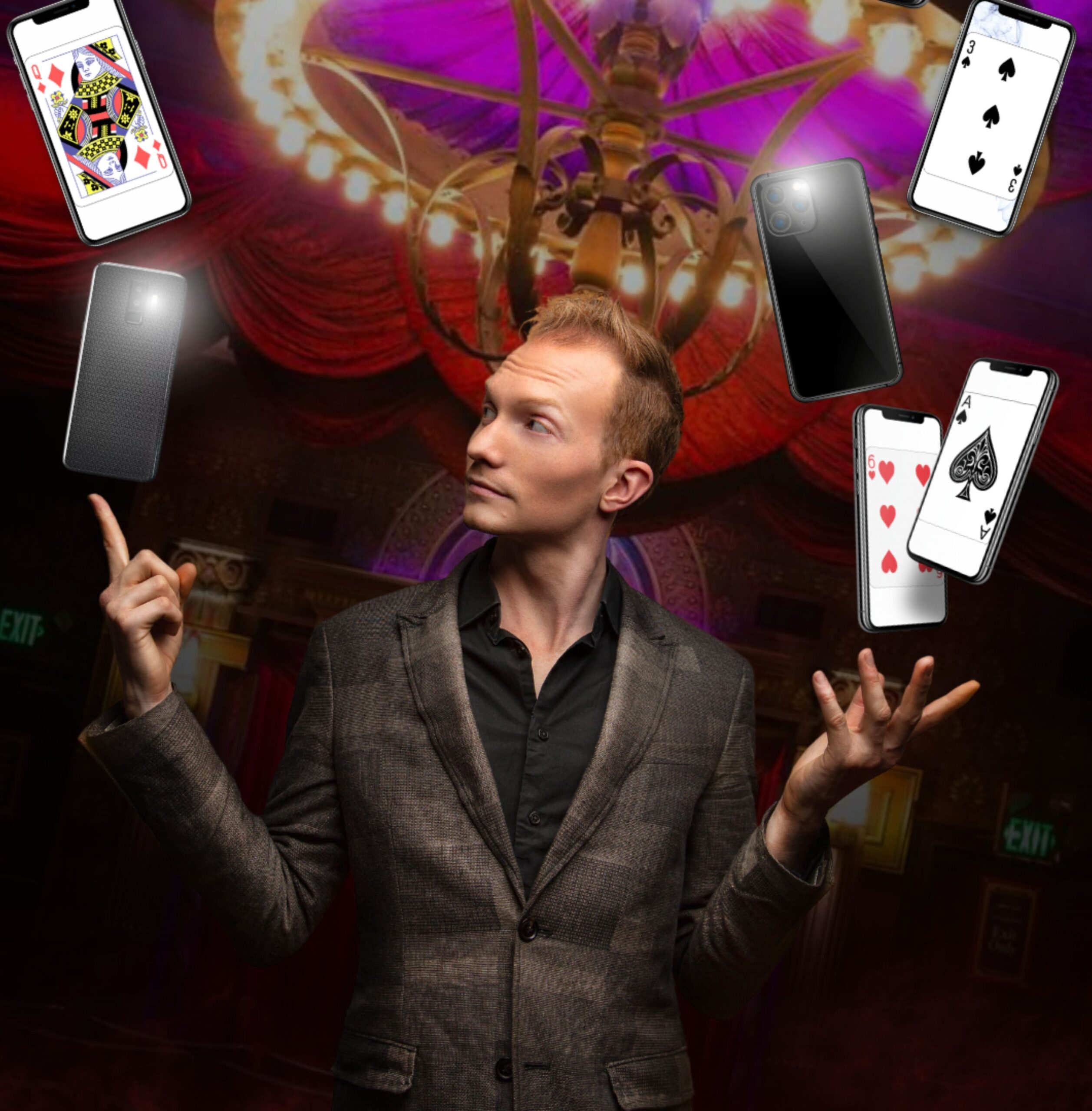 Trigg floats cell phones with cards on them.